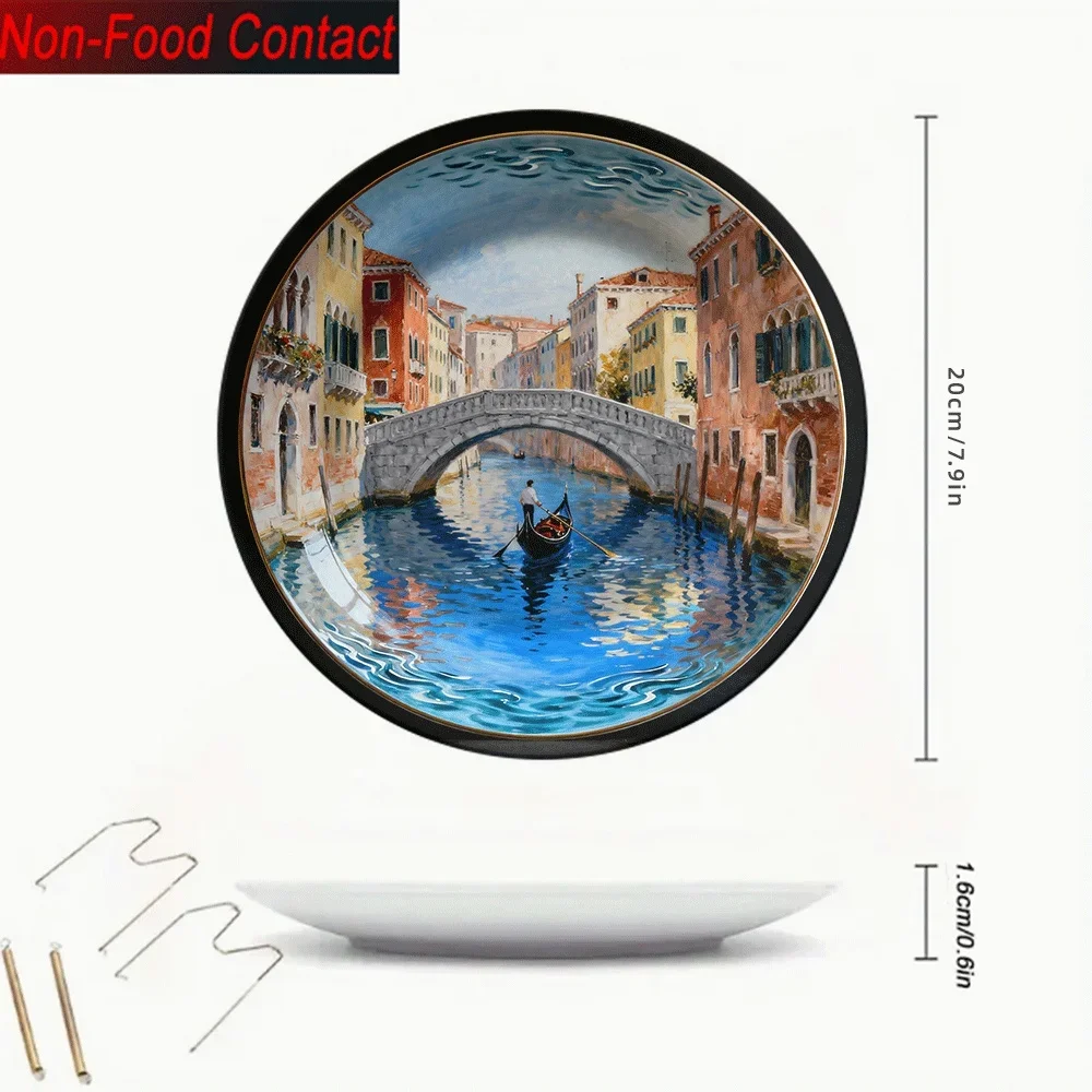 2D Flat, 1pc Large 21-Inch Round Ceramic Decorative Plate - Venice Canal Landscape Hand-Painted Design, Non-Food Contact,