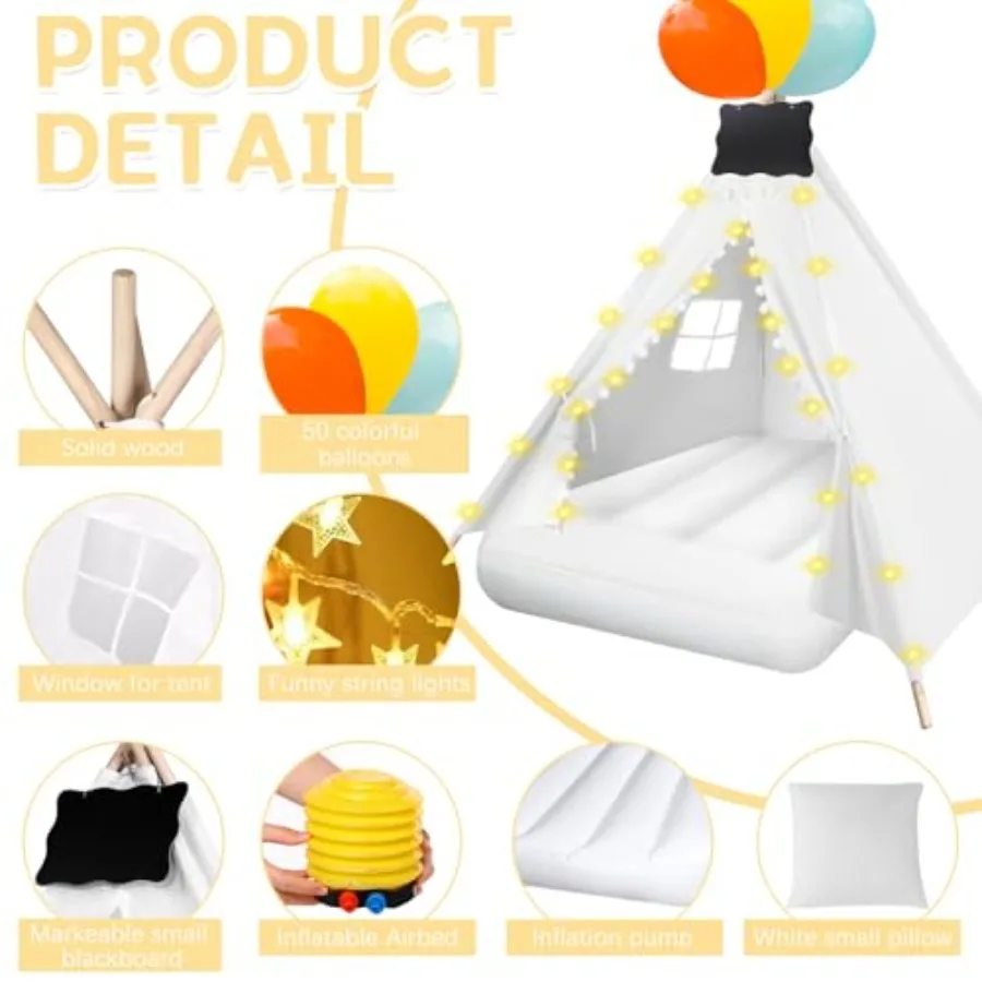 เต็นท์ทีพี 6 ชิ้น พร้อมไฟประดับ เตียงลมเป่าลม ผ้าปูที่นอนแบบรัดรูป และกระดานดำขนาดเล็กสำหรับเด็กชายและเด็กหญิง