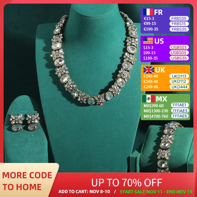 

Vintage Crystal Jewelry Set Luxury Brands Flower Choker Necklace Accessories Earrings Bracelet Women Wedding Party Christmas