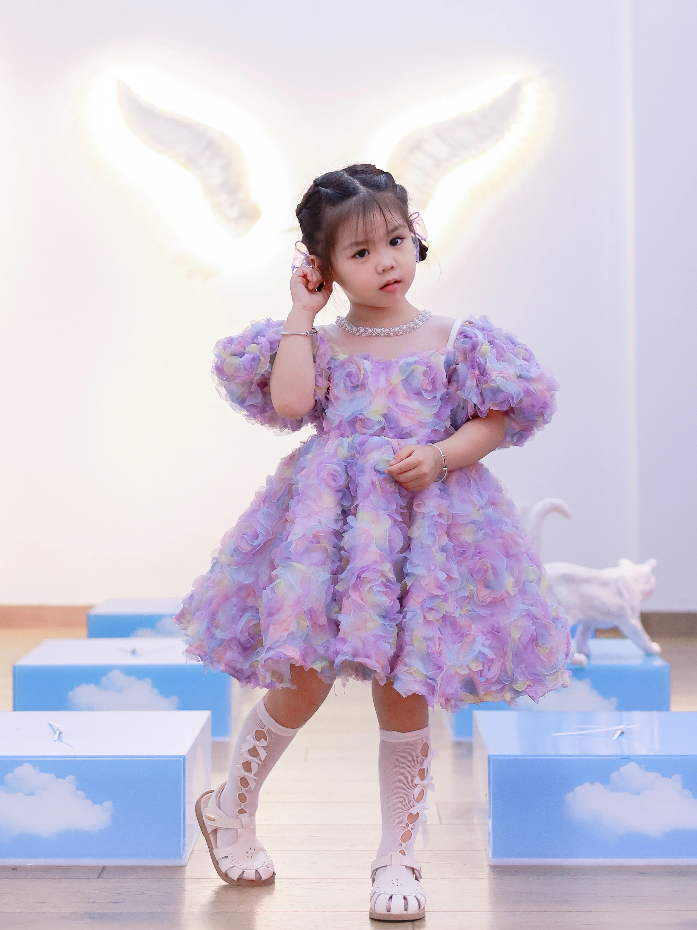 Mädchen Sommer Prinzessin Blütenblatt lila Kinder Perle Bogen Knoten Tutu Hochzeits kleid Kinder Kleider Baby Kleinkind Geburtstags feier Kleid