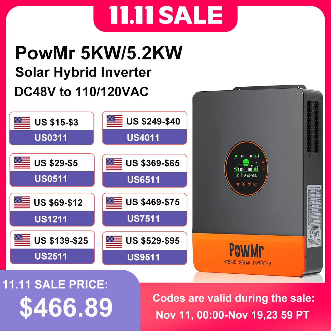 

5 кВт, однофазный, 120 В, 110 В переменного тока, 48 В, универсальный гибридный инвертор, встроенный контроллер солнечного зарядного устройства MPPT 80 А/100 А, подходит для дома