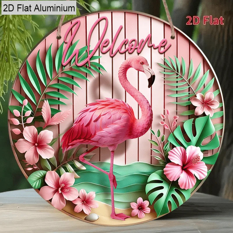 2D Aluminum Summer Seaside Atmosphere Pink Flamingo Welcome Plaque, Home Decor, Spring and Summer Decor