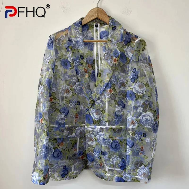 

PFHQ Men's Chinese Printed Perspective Blazers Chic Organza Loose Luxury Sun Protection Casual Jackets Male Summer New 21Z4706