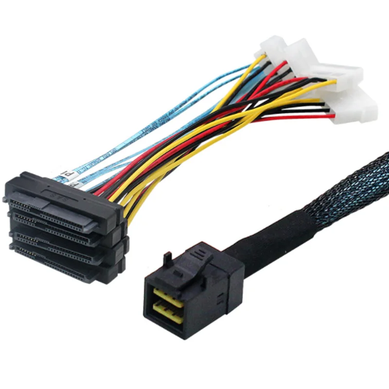 High Quality 0.5m 1m NEW Internal Mini SAS SFF-8643 to (4) 29pin SFF-8482 Connectors with 4 SATA Power Cable