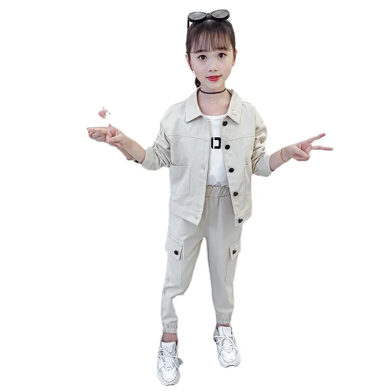 Kids Clothing Sets Girl Spring and Autumn Suit New Little Girl Big Tooling Two-piece Suit.4-12 Ages