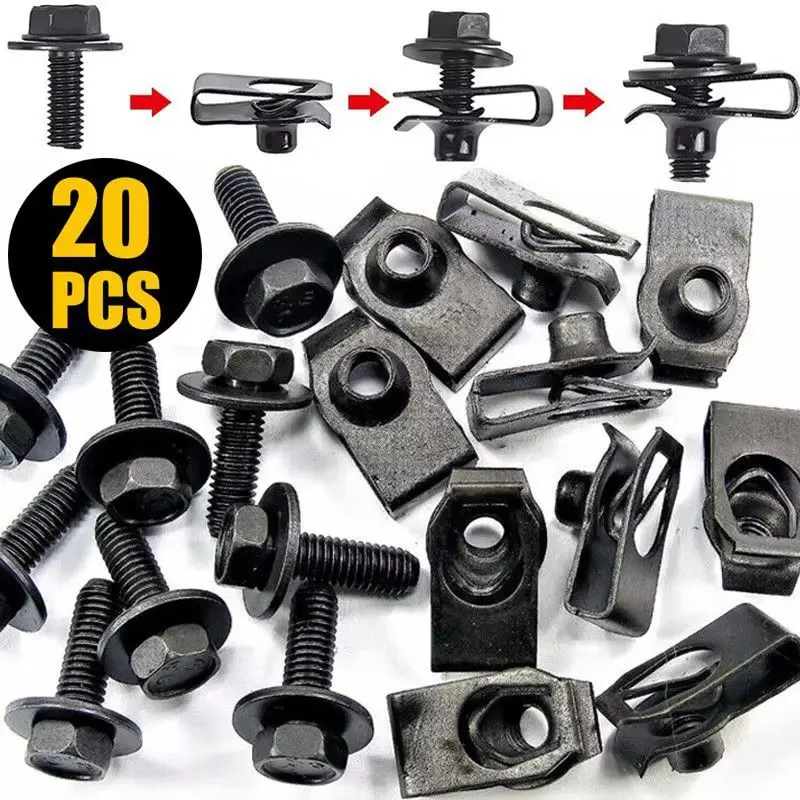 20 قطعة من مسامير جسم السيارة ومشابك U-nut M6 غطاء المحرك Undertray واقيات رذاذ الأرضية، غسالات المصد السحابة برشام المسمار
