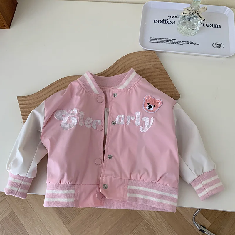 New In for Autumn 2023: Kids Baby Girls Boys Fashion Letter Bear Outwear Coat, Children Single-Breasted Baseball Uniform 0-6Y