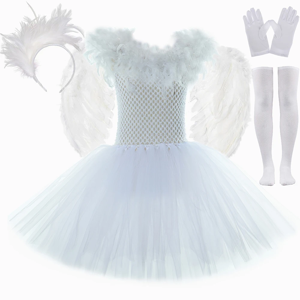 Disfraz de cisne y pájaro blanco para niños, vestido tutú de princesa de tul para niñas, Halloween, carnaval, fiesta, plumas, pollitos, paloma, conjunto de ropa