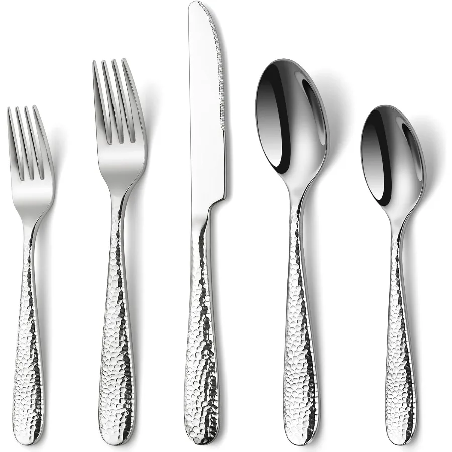 

Hammered Silverware Set 40Piece Heavy Duty Cutlery Set for 8 Stainless Steel Flatware Set FoodGrade Utensil Sets Includes Spoon