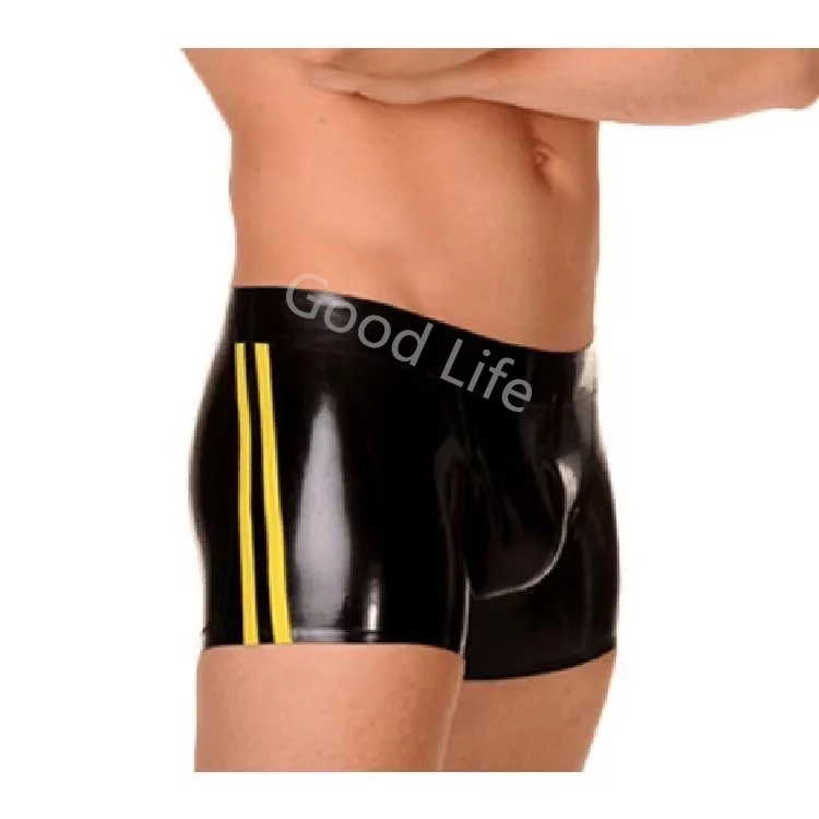 Natural Latex  men's Sexy Boxer Briefs Latex Rubber Black Shorts with 2colors Strips Crotch Zip