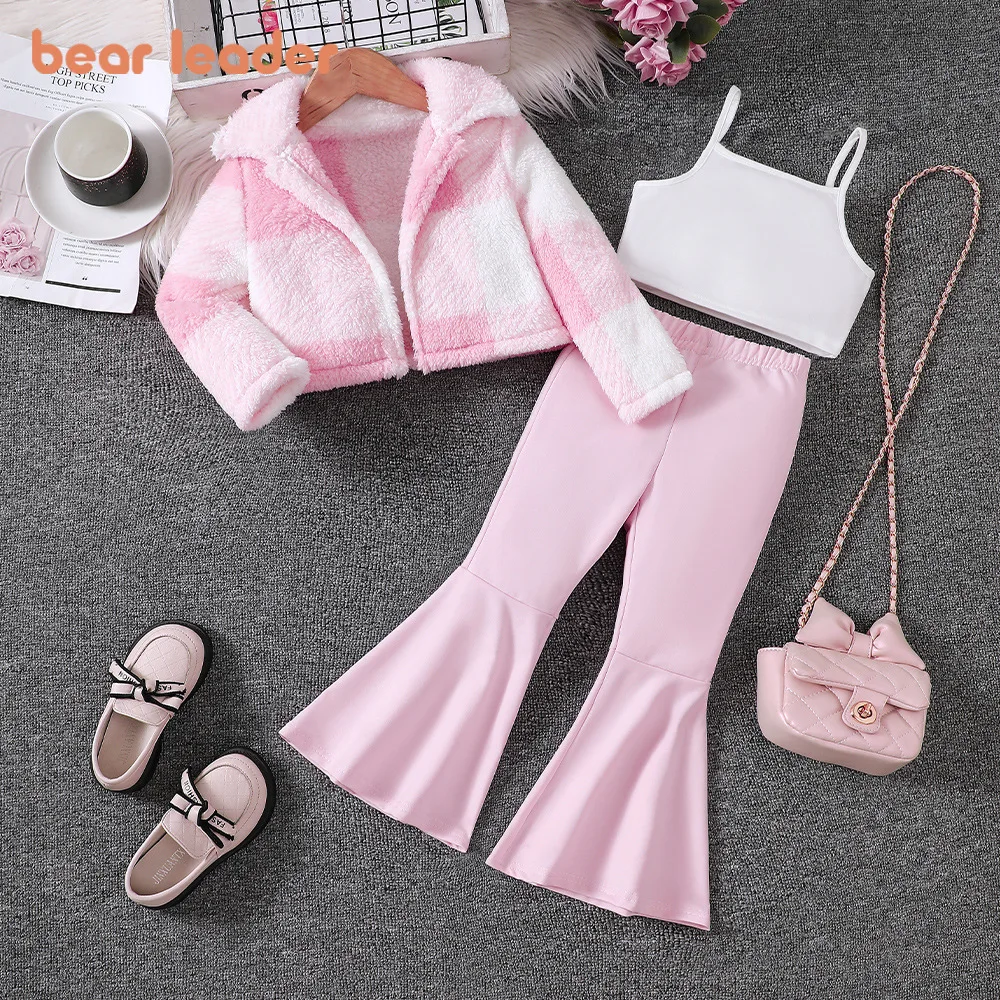 

Корейская модная одежда для девочек Bear Leader, розовая куртка с длинными рукавами + белый жилет + расклешенные брюки, осенний милый детский комплект