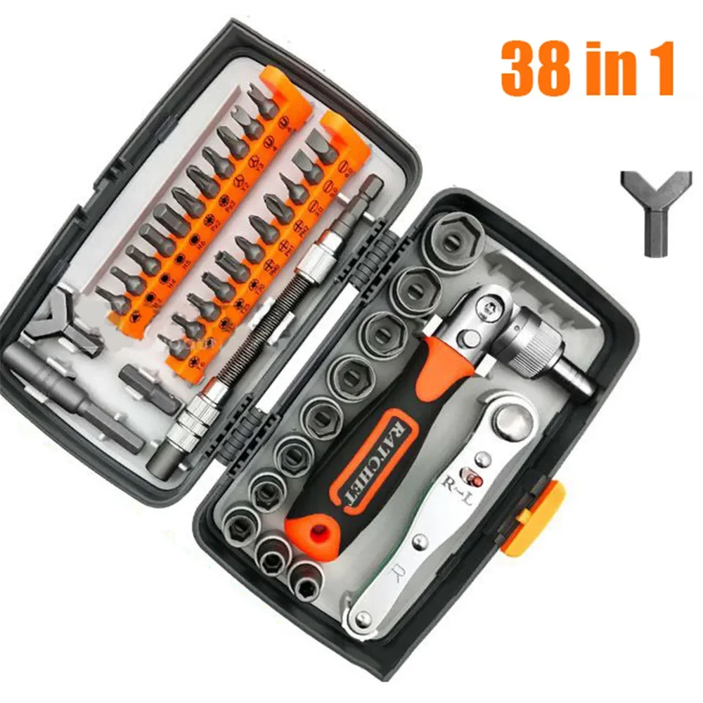 38 Pcs Torque Socket Wrench Set Household Ratchet Handle Wrench Combination Car Tool Set Hardware Manual Toolbox Screwdriver Set