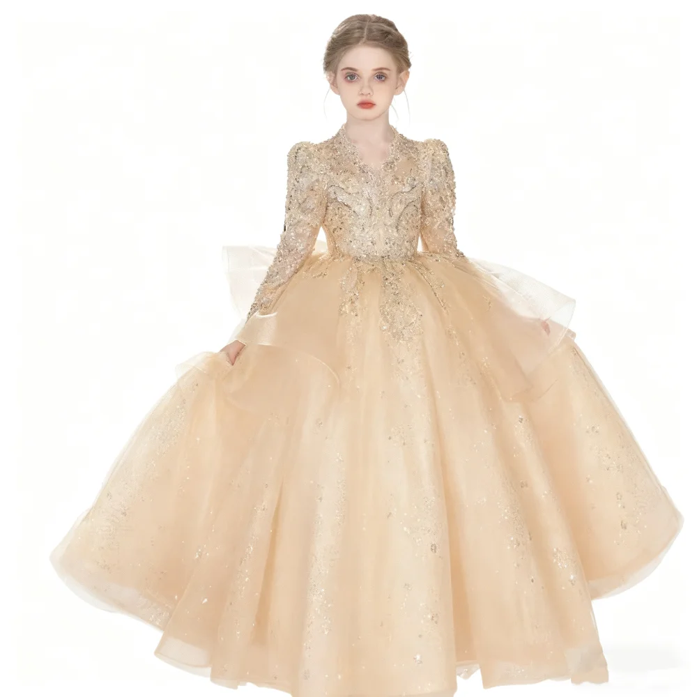 Sukienka księżniczki, ekskluzywna, na wybieg, dla dziewczynki sypiącej kwiatki, na wesele, sukienka dla małej dziewczynki, sukienka dla dzieci na występ fortepianowy, z długim rękawem.