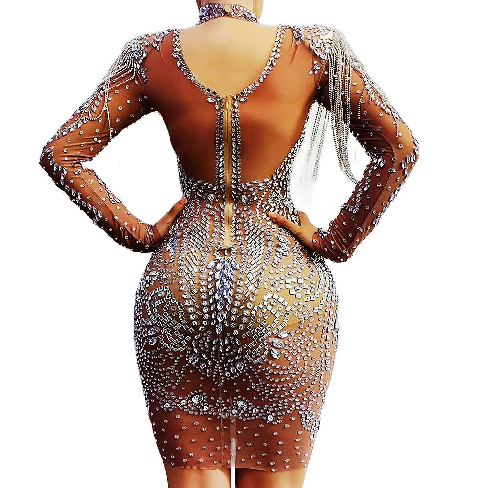 Women Sexy High Neck Shining Rhinestone Dress Sequins Zipper Tassel Nightclub Evening Birthday Party Performance Clothing