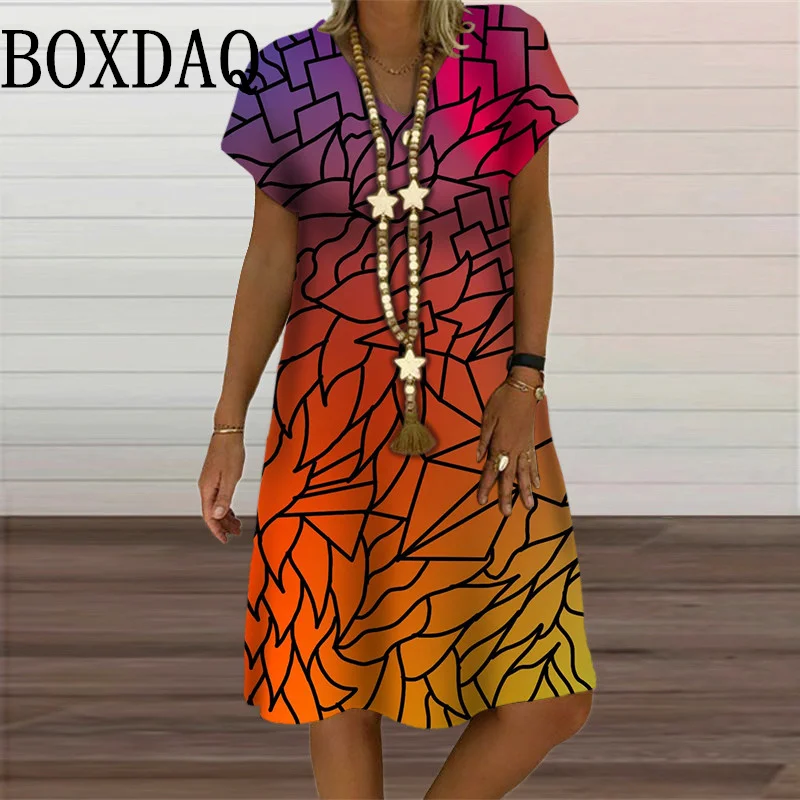 

Fashion Women Summer Casual Gradient Print Dress V-Neck Short Sleeve A-Line Dresses Female Retro Pullover Loose Oversized Dress