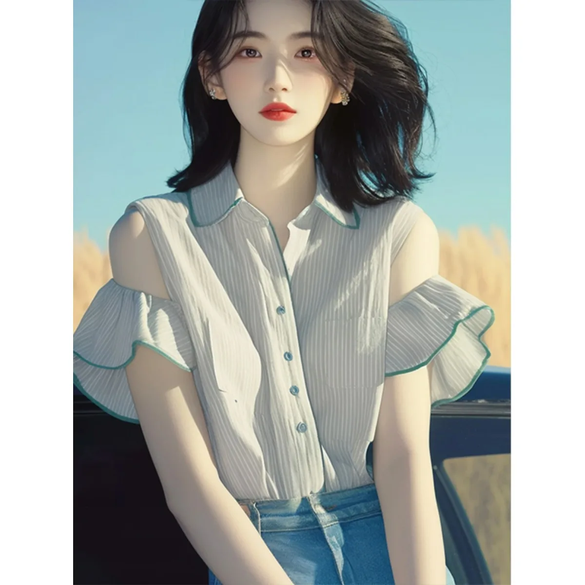 Único hermoso blanco rayas o hombro Bared ort Sve irt novedad de verano Sle Sweet Sle fibra de poliéster 00% Top de mujer