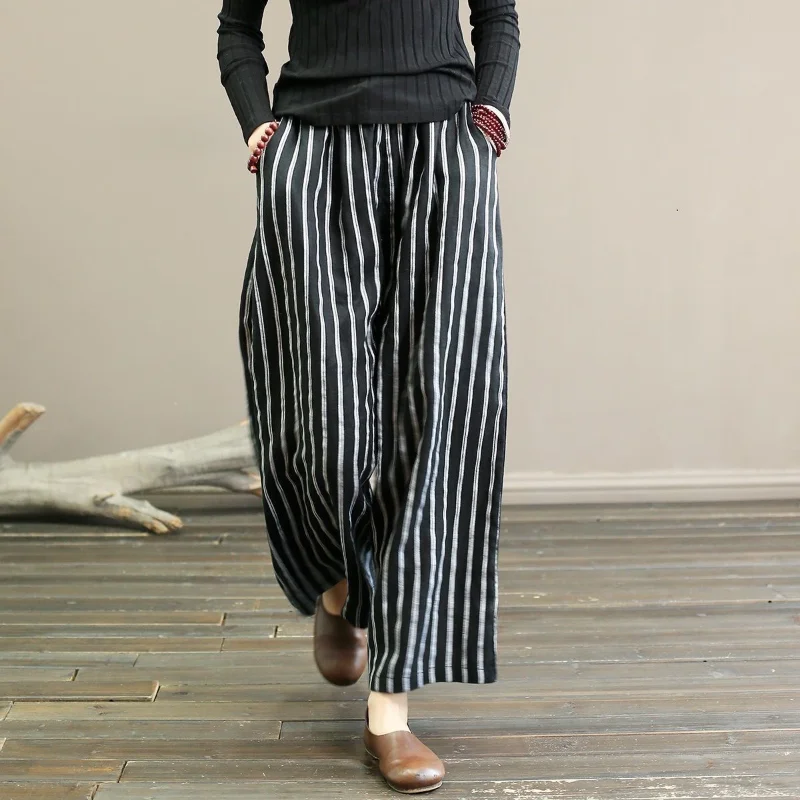 Women Summer New High Waist Cotton Linen Elastic Wide Leg Pants Fashion Retro Stripe Pocket Panel Loose Versatile Cropped Pants