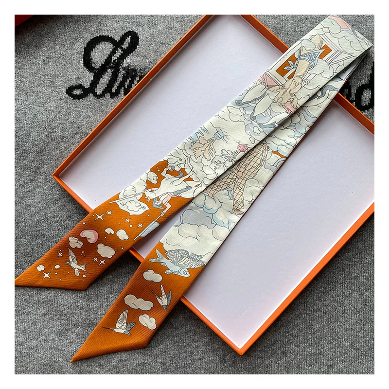 Luxury 100% Mulberry Silk Scarf 5*86cm Scarf Female Multifunctional Headband New Small Scarf Handbag Ribbon High-end Souvenir