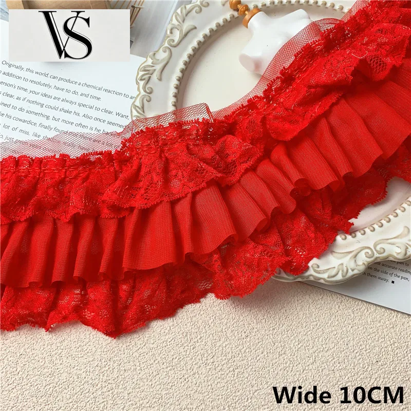 Lace Embroidery Fabric Fringed Ribbon Ruffle Dress Trim Sewing Clothing Decor 10CM Three Wide Layers Red Pleated Chiffon