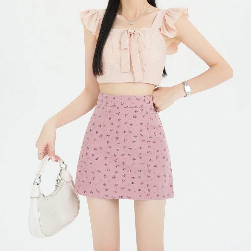 

Korean Style Fashionable And Sweet High-Waisted Floral Knitted Stretch A-Line Skirt Half-body Skirt Women