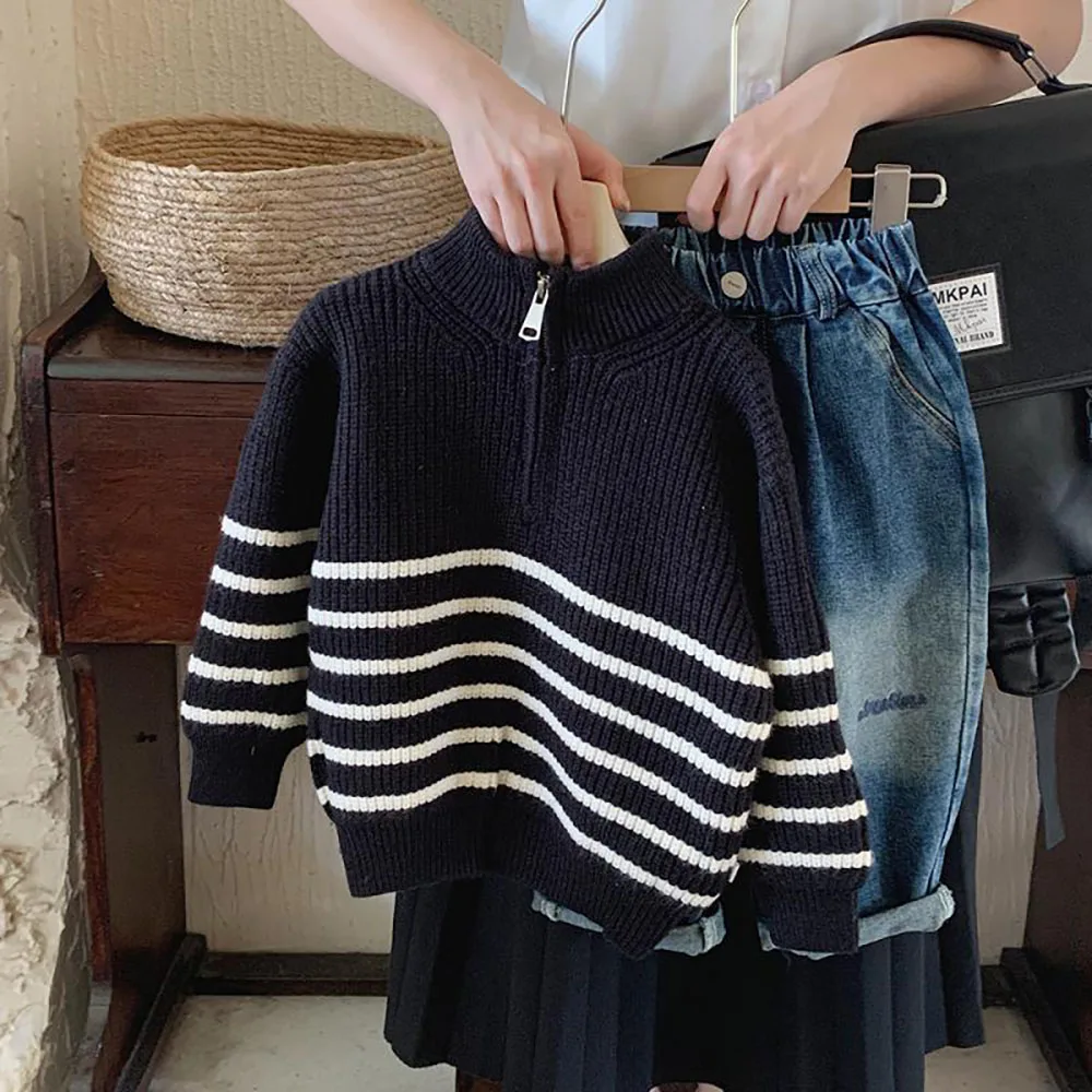 New Korean Children\'s Knit Sweater For Spring Autumn 2024 Baby Boys Girls Striped Long Sleeve Pullover Half Zipper Kids Clothes