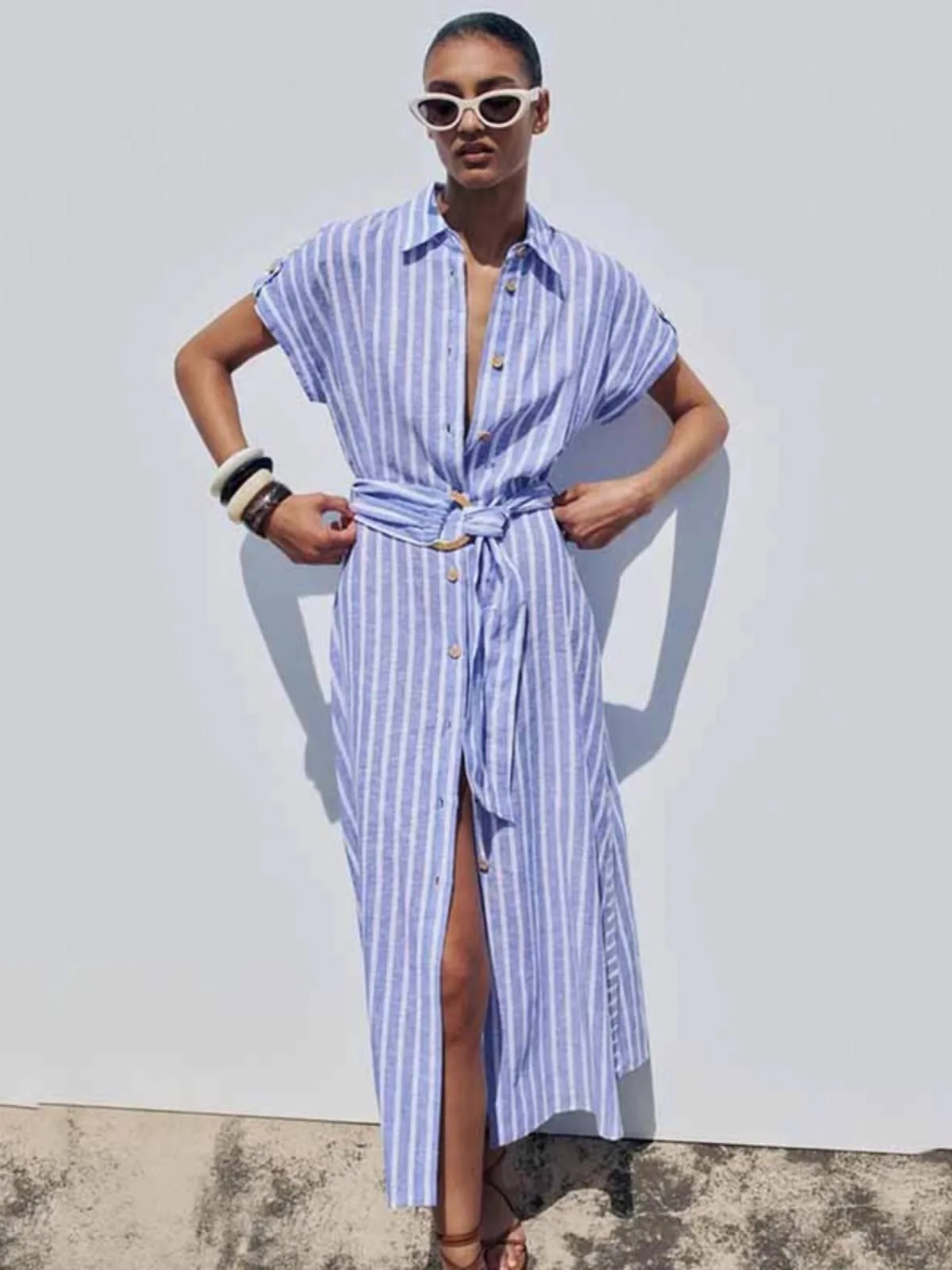 Robe rayée en mélange de lin, nouveau Style d'été pour femmes, Style chemise à revers, robe décontractée à manches courtes avec ceinture