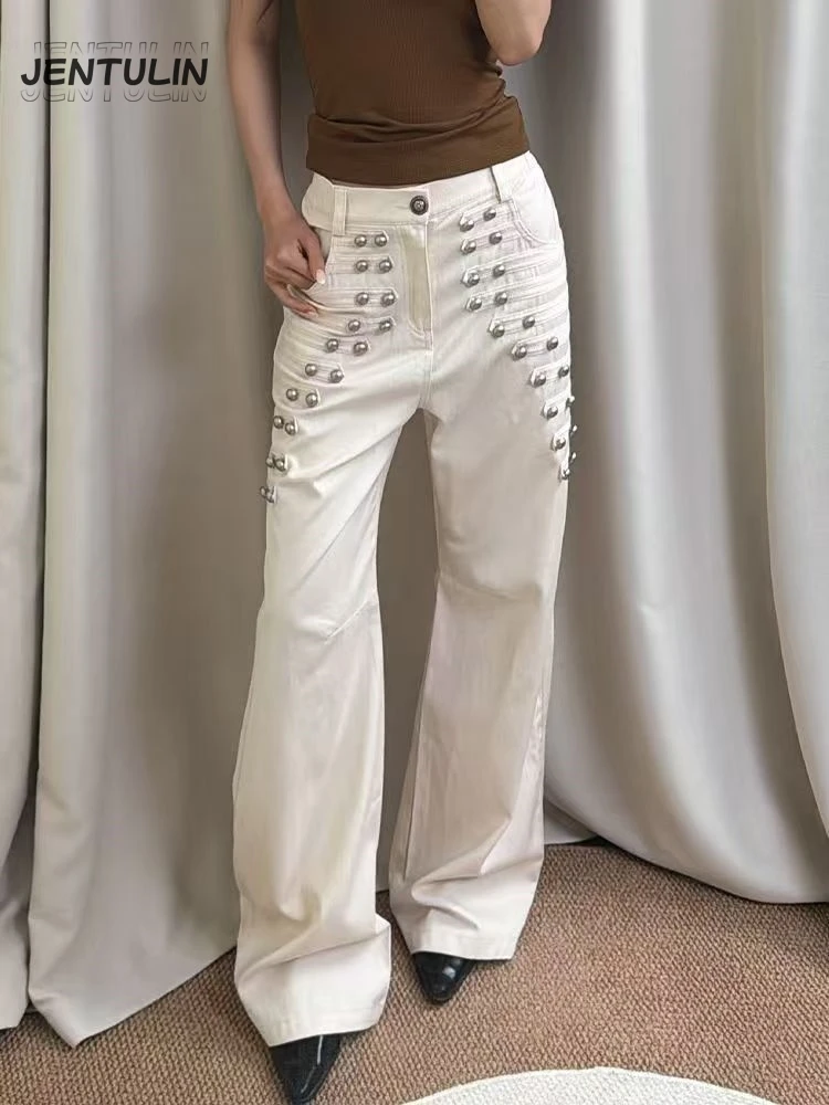 Women American Retro Metal Buckle Jeans Y2K New Gothic Streetwear Loose Wide Leg Floor Length Pants Grunge Casual Trousers