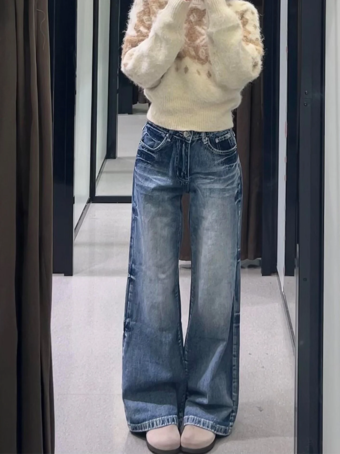 Cintura alta sino bot denim jeans feminino outono inverno thiened retro waed design sentido americano sle solto ajuste jeans