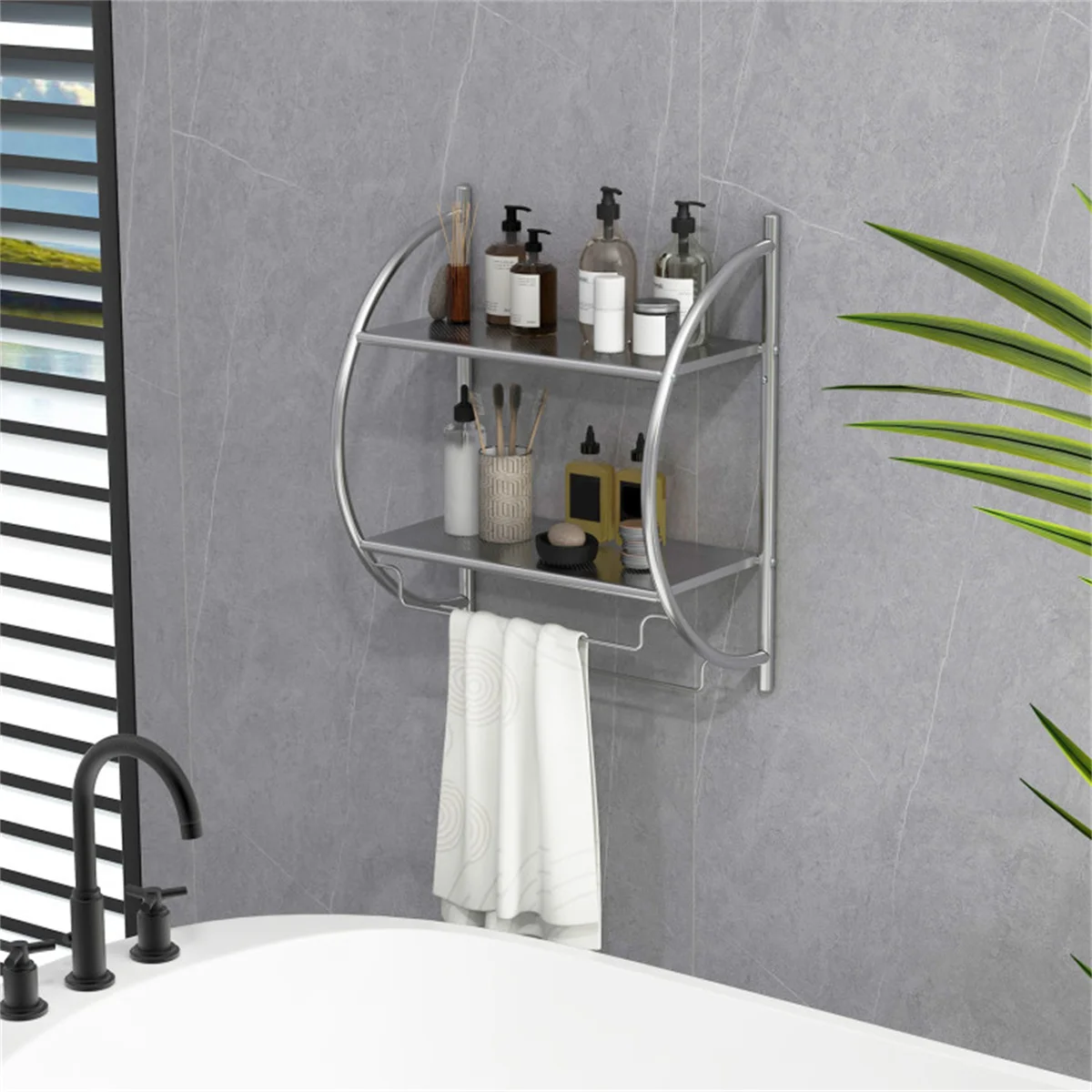 

Space-saving Wall Mounted Design Bathroom Towel Rack ,modern wall mounted 2-tier shelf with towel bars,bathroom furniture,silver