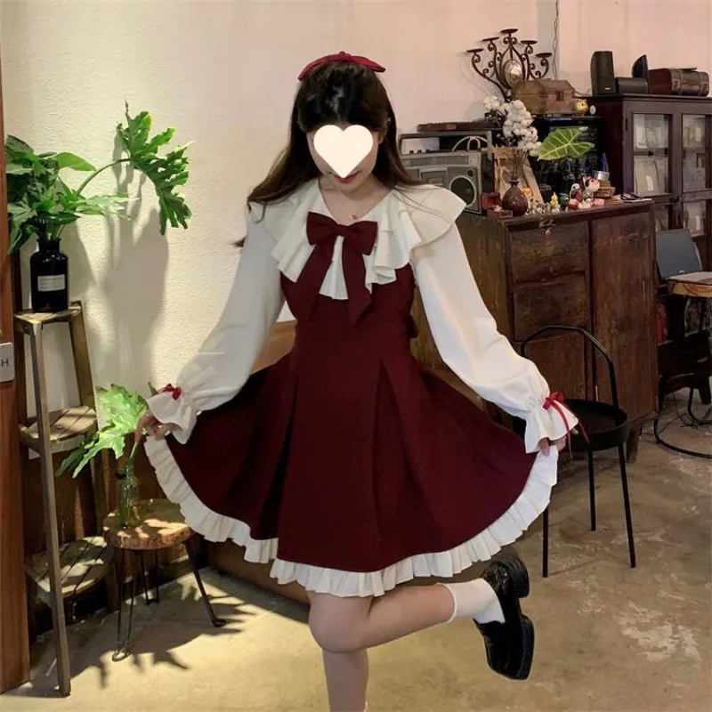 2025年新作 韓国風 可愛い キュートなワンピース ツーピースセット ストリート系 レディース カワイイ フリル付き リボン付き 長袖シャツ スリップ プレッピー プリーツワンピース
