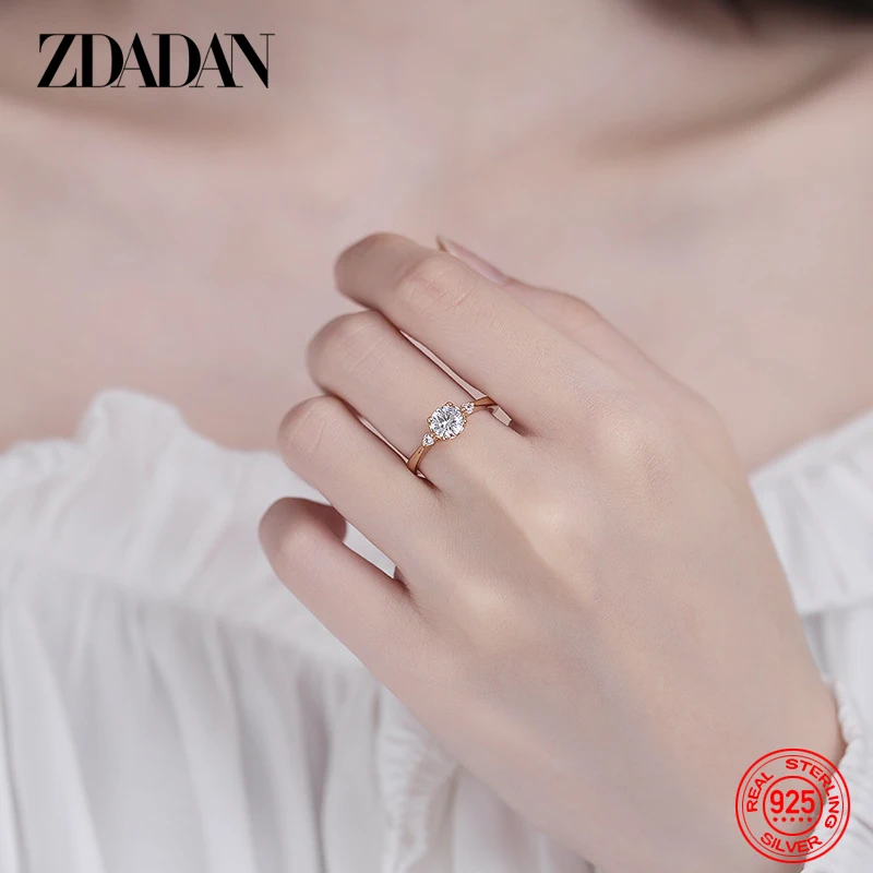 ZDADAN 925 Sterling Silver Rose Gold 5mm Zircon Adjustable Ring For Women Fashion Jewelry