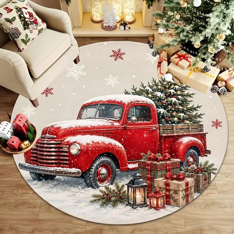 Vintage Truck Christmas Round Rug Red Pickup Tree Gift Boxes Snowy Scene 80x80cm