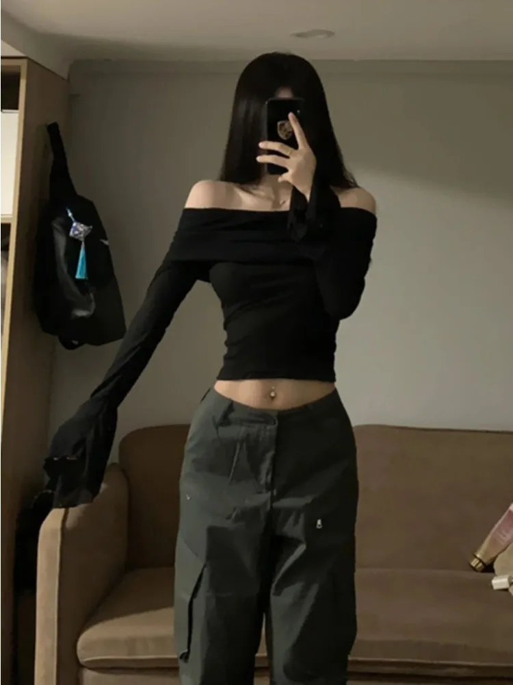 Spring Autumn Sexy Navel Exposed Y2K Black Tops Women Korean Fashion Solid Slim Long Sleeve Off Shoulder Tees Casual Slim Shirt