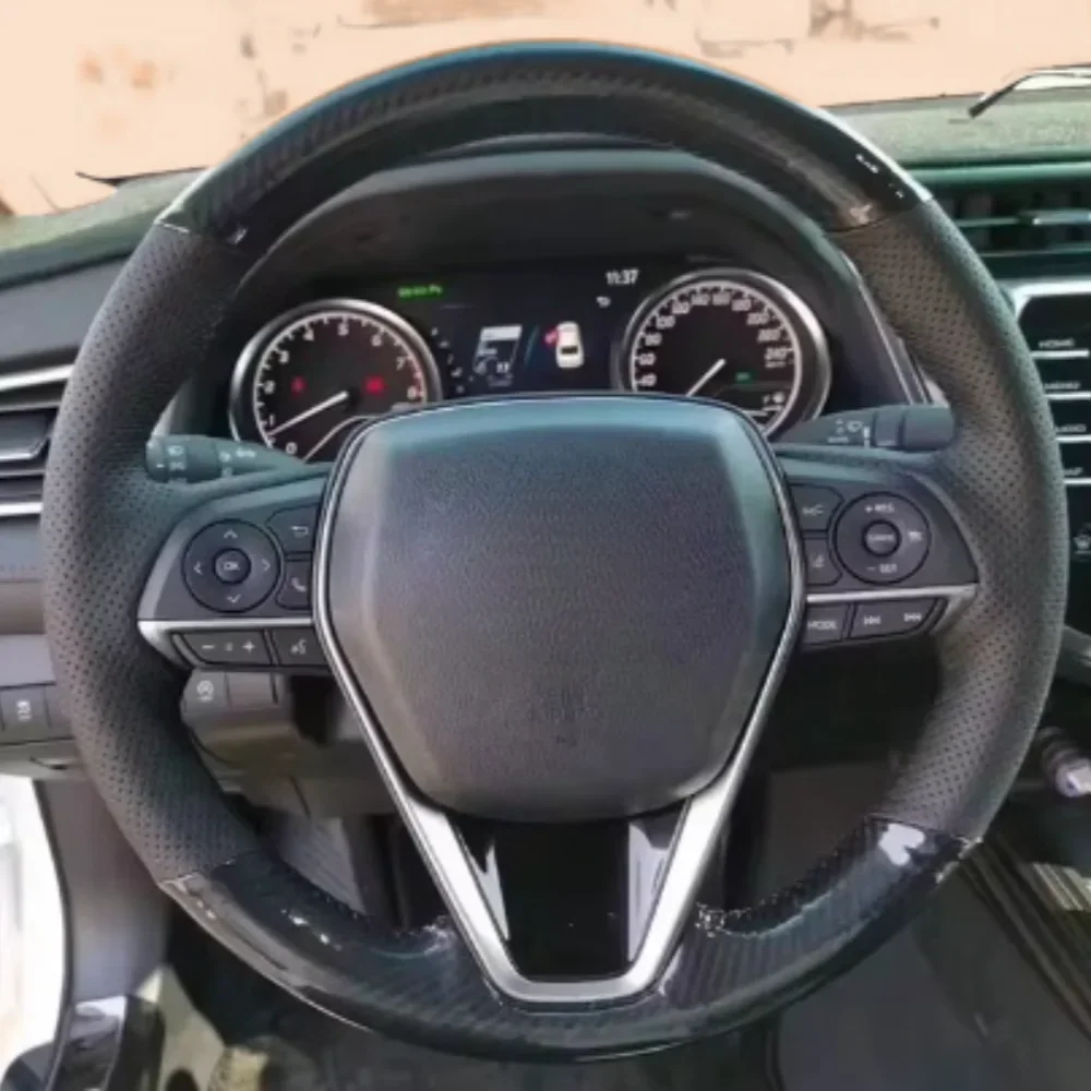 

Black Car Steering Wheel Cover Carbon Fibre Faux Leather For Toyota Avalon Camry Crown Corolla 2018-2020 Automotive Accessories