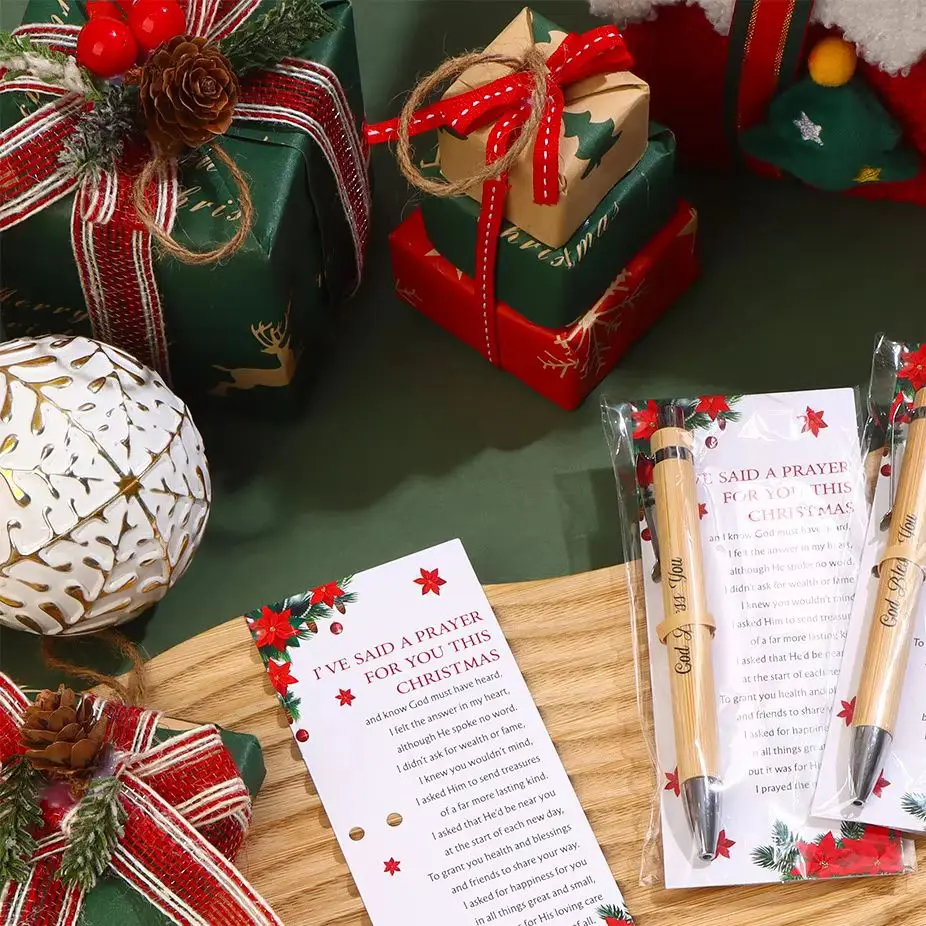 

Uoeo, 25 комплектов, рождественские христианские подарки, рождественские библейские стихи, шариковые ручки, деревянные ручки God Bless You, религиозный подарок