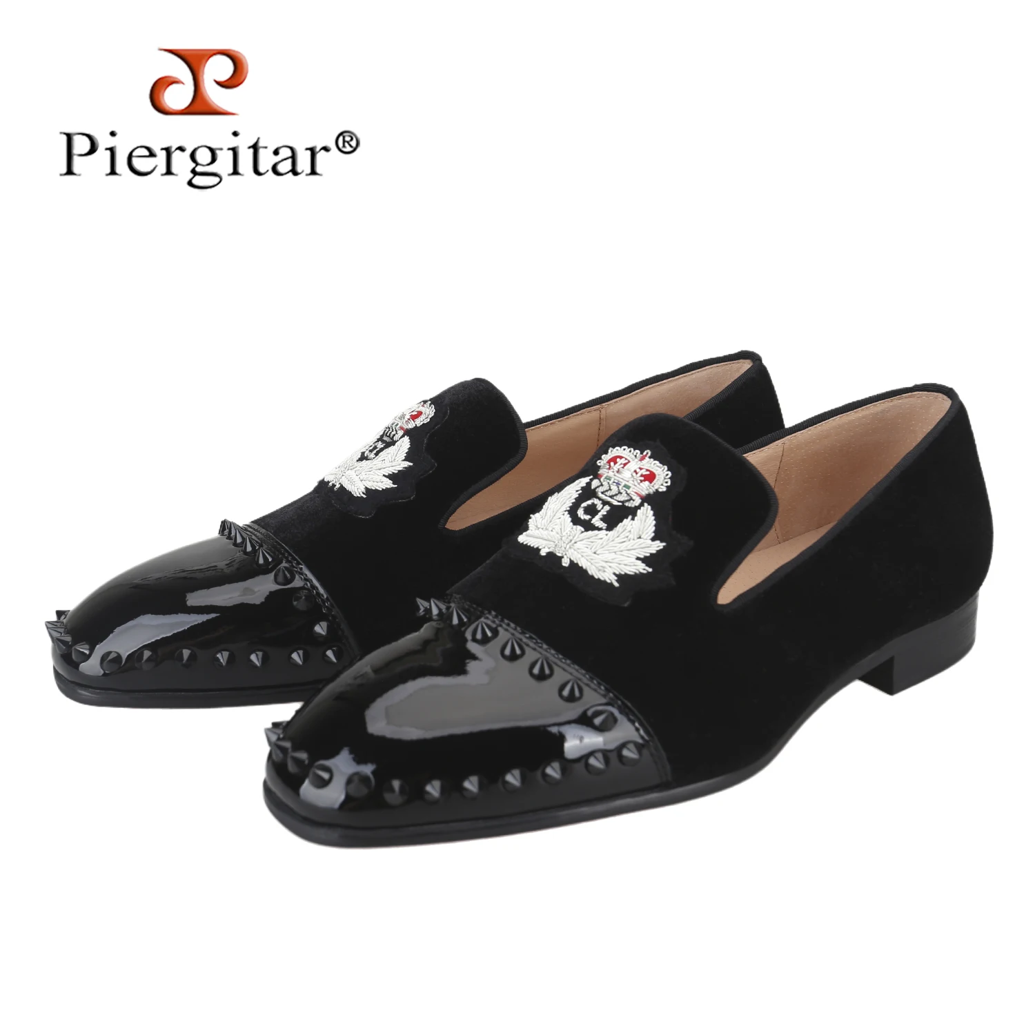 Piergitar Italian Style Black Velvet Of Shoes Toe Handmade Rivets Men's Loafers CL Brand Customized Embroideried Badge Red Sole