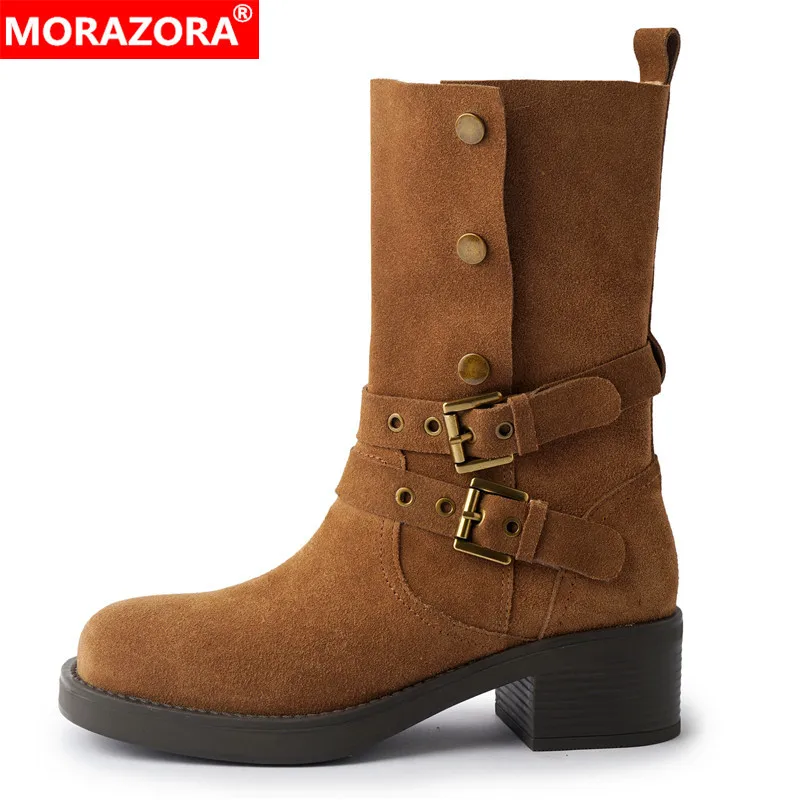 

MORAZORA/Новые ботинки в стиле вестерн из нубука из коровьей кожи, большие размеры 34–41, женские короткие ботильоны ручной работы на массивном среднем каблуке с пряжкой