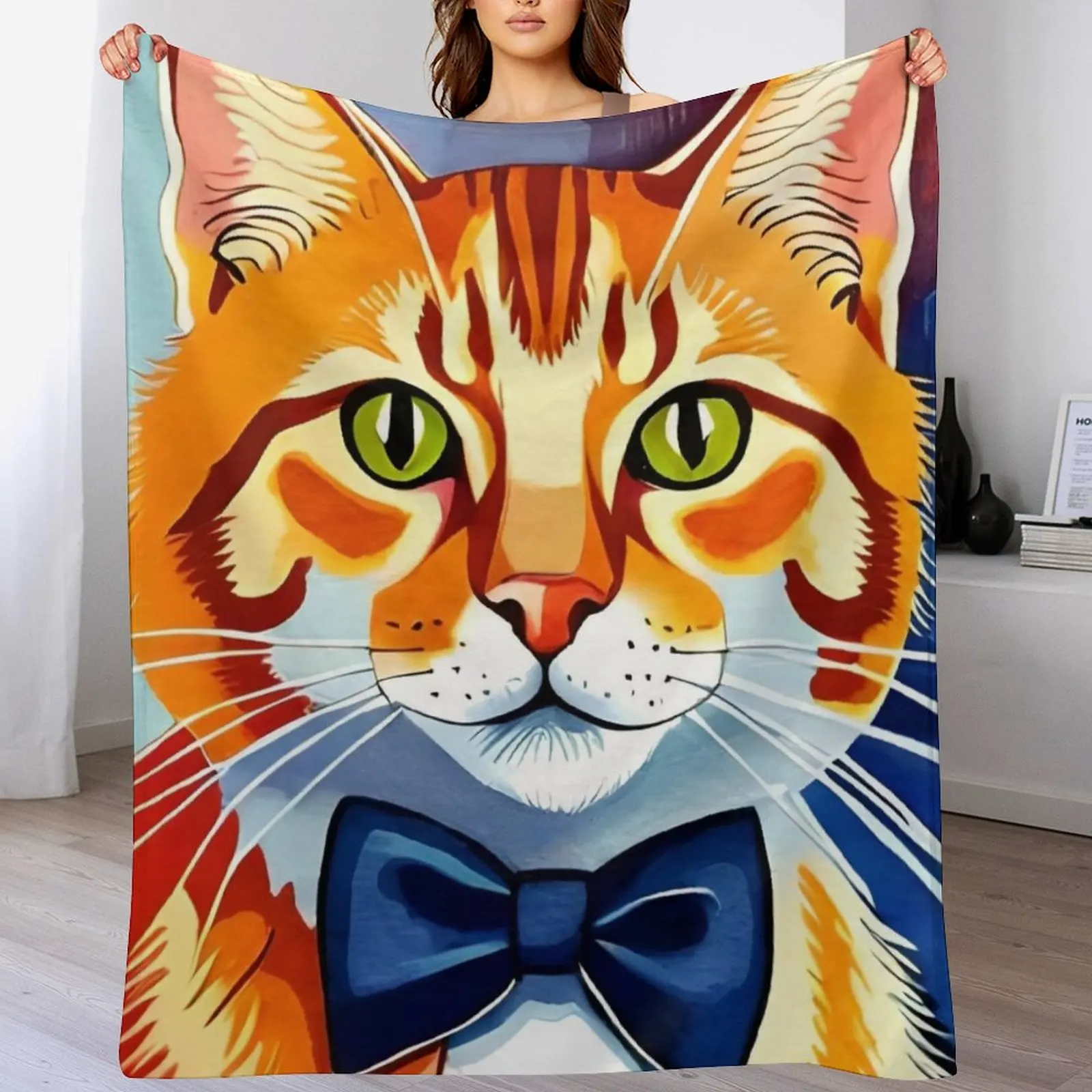 

orange cat with blue bowtie, watercolor Throw Blanket Warm Comfortable Blanket Gift for Parents Friends