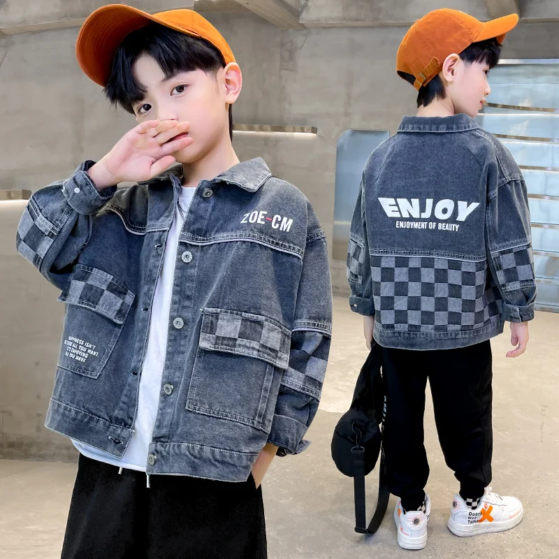 Children Classic Elegant Style Plaid Denim Jacket for Teen Boys Casual Thick Shirt Coat Kids Fashion Spring Autumn Clothing 5-14