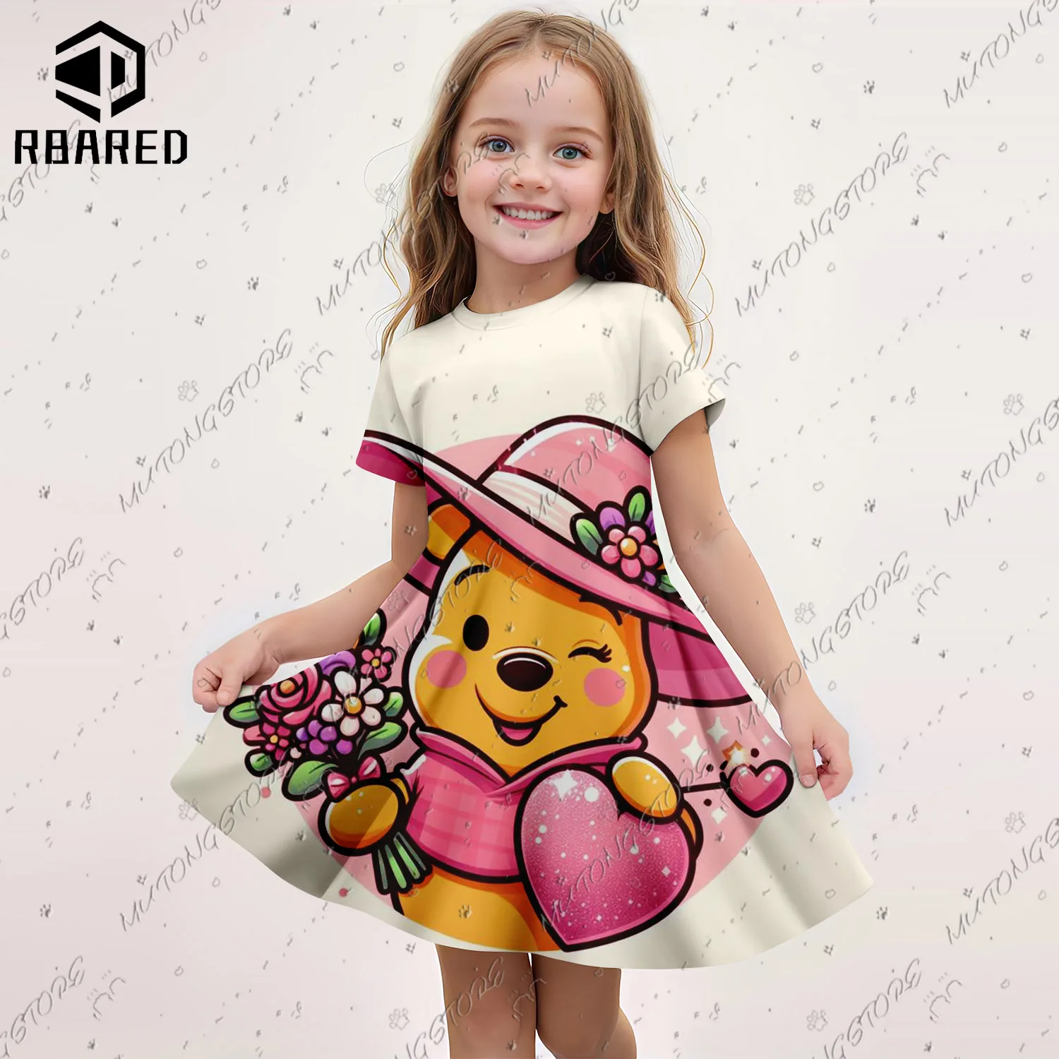 2024 New Summer Girls Short Sleeve Kids Dress Cute Winnie the Pooh 3D Print Skirt Children\'s Casual Cosplay Costume Nightgown