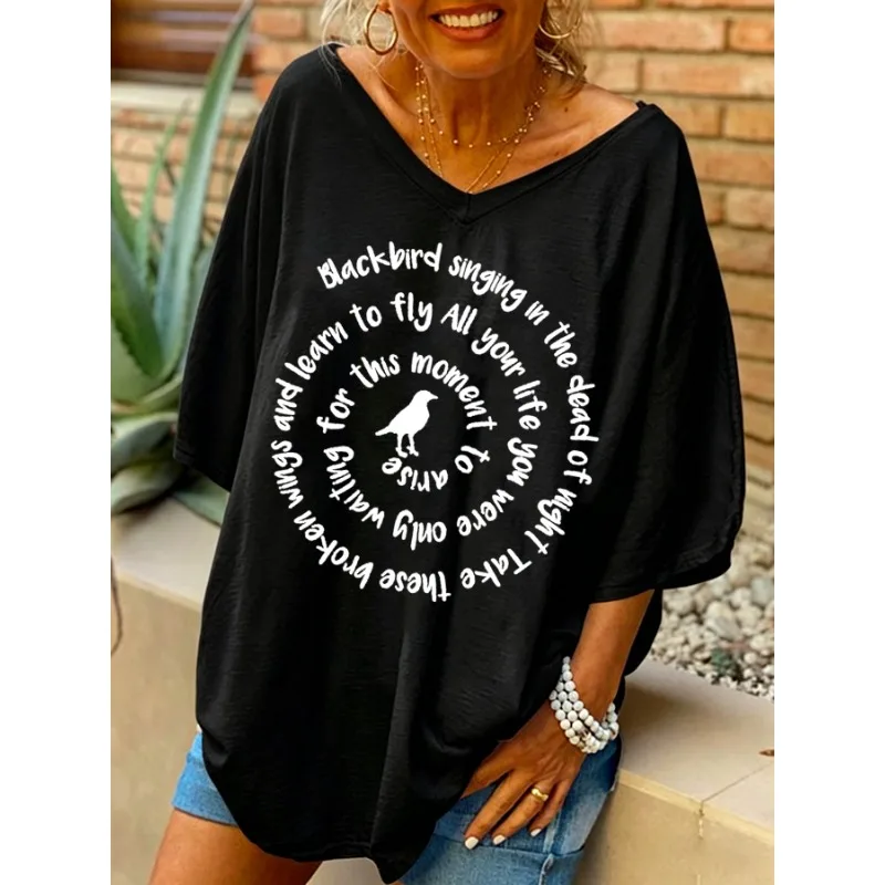 ilstile Women's Hippie Letter Print T-Shirts Summer Short Sleeve Casual Loose V Neck Long Tops Black White Tees New Arrival