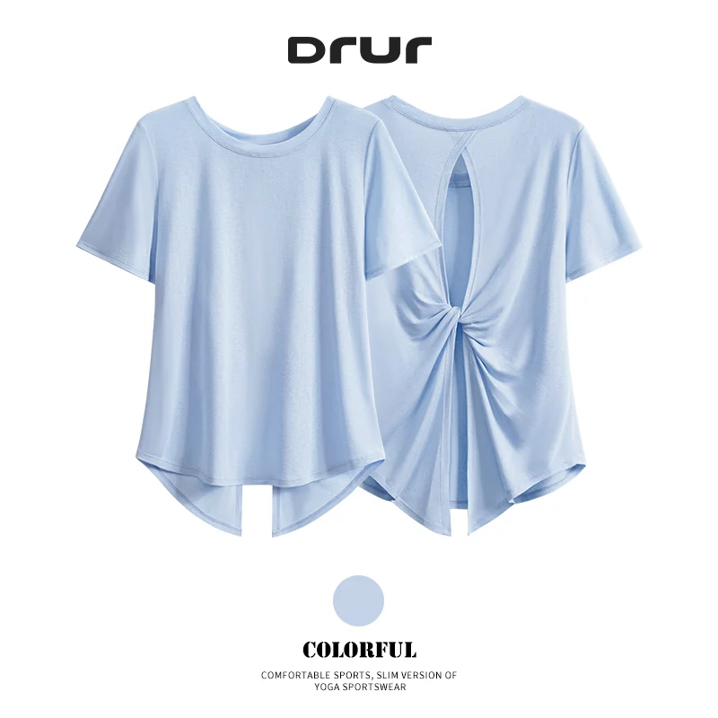 DRUR Women's Knotted Back Yoga T-Shirt Stylish Open Back Twist Top Loose Fit Sportswear Gym Shirt Golf Running Dance Pilates