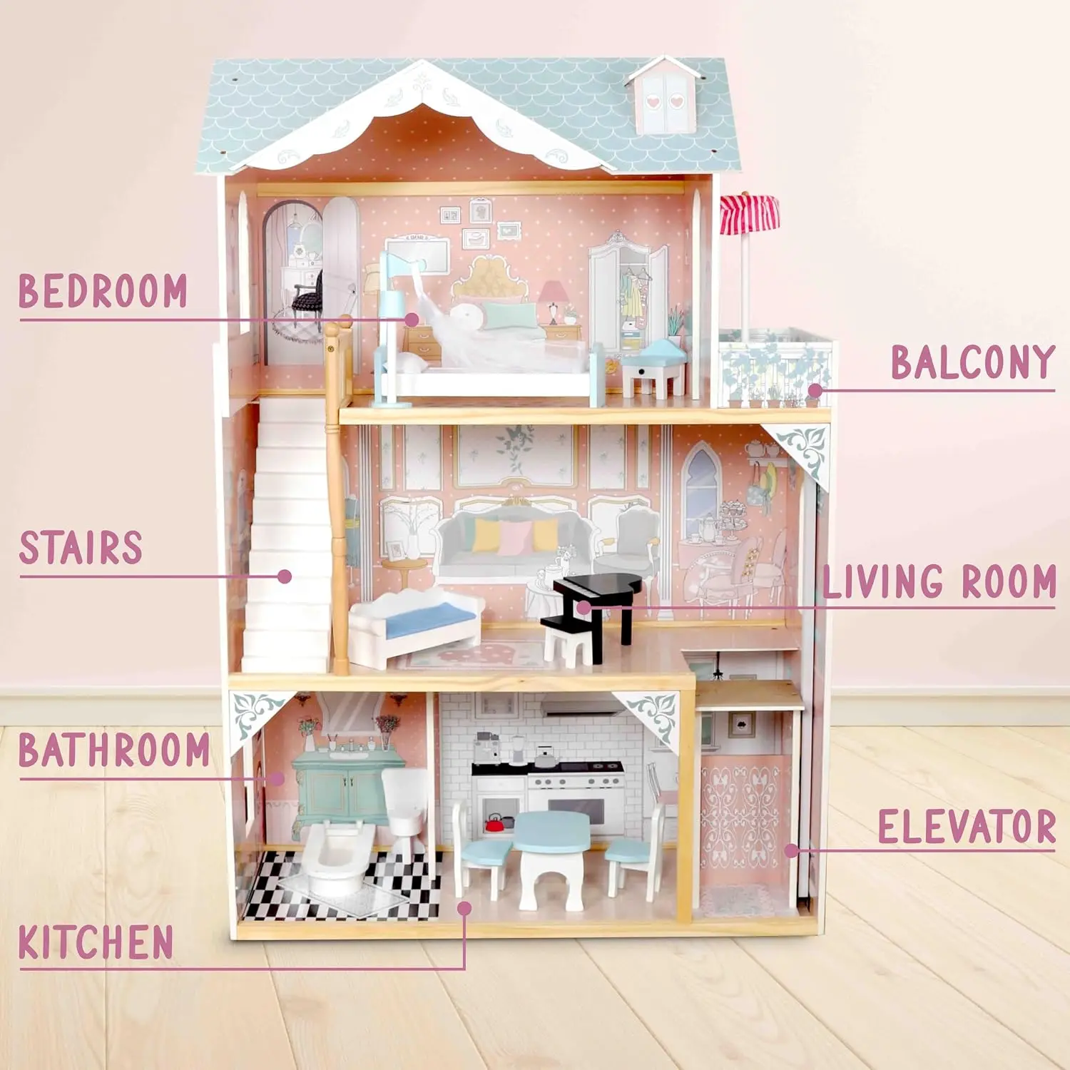 Wooden Dollhouse, X-Large 3-Story, Elevator & Balcony, Blue | Immersive role-play for dolls and figurines up to 12in - builds em