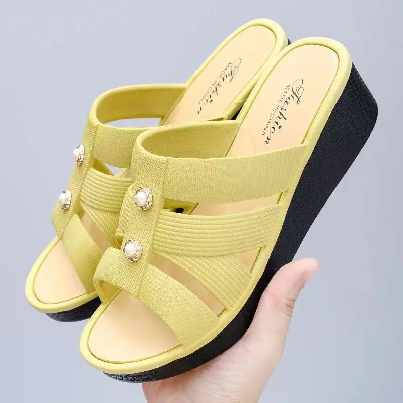 

New Women's Summer One Word Hollow Out Wedges Slippers Soft Sole Non Slip Breathable Home Slippers Outdoor Slippers Mom's Sandal