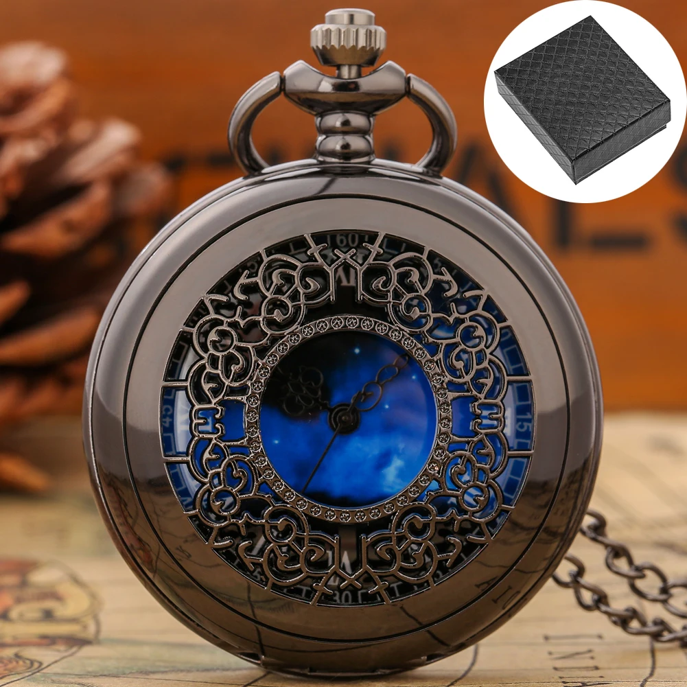 Metade Hunter Quartz relógio de bolso com caixa de relógio, preto oco, noite estrelada, mostrador azul, presente vintage, pingente relógios