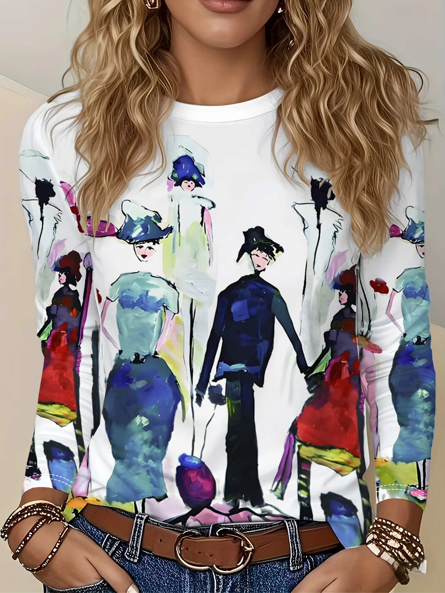 Women T‑Shirt Long Sleeve 3D Watercolor Abstract Fashion Figure Print Tees Casual Daily O‑Neck Basic Top Women's Clothes