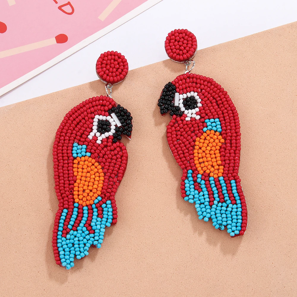 Tropical Hawaiian Statement Animals Beaded Drop Earrings Handmade  Parrot Tassel Fringe Dangle Earrings Beaded Jewelry For Women