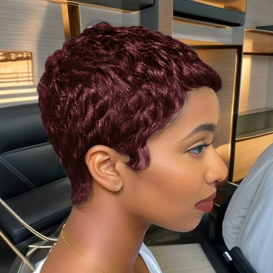 앞머리가 있는 짧은 픽시컷 가발 브라질 인모 전체 기계식 가발 1B/30/4 # /99J 컬러