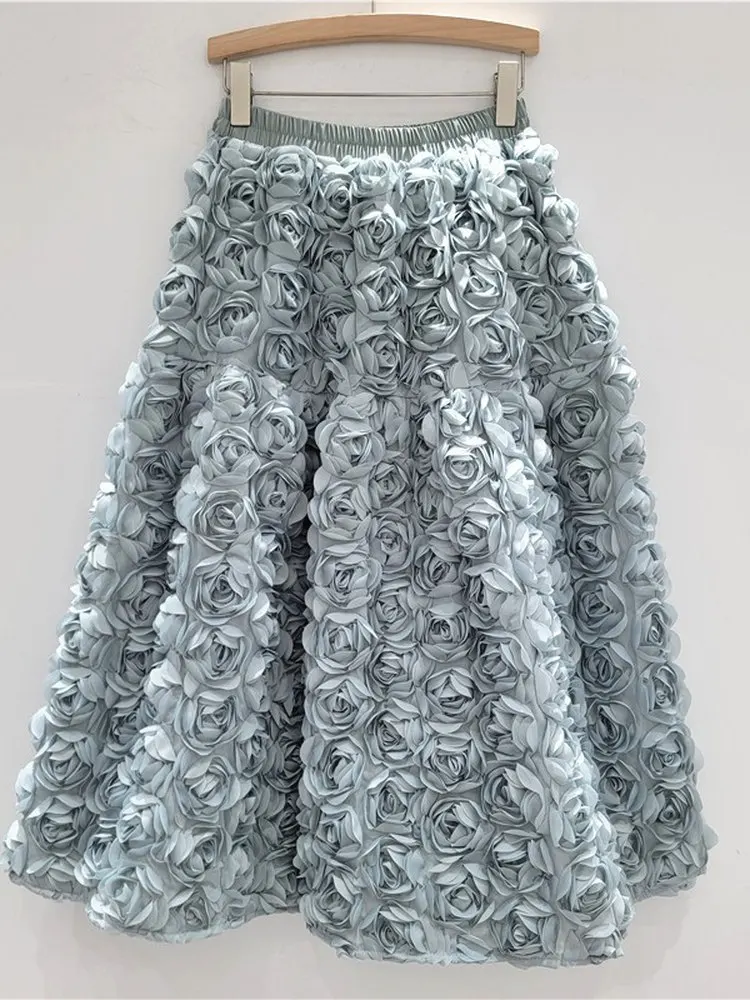 

Fashionable A-Line Midi Skirt with 3D Flower Design High Waist Wide Hemline Polyester Fabric Ladies' Spring Summer Skirt