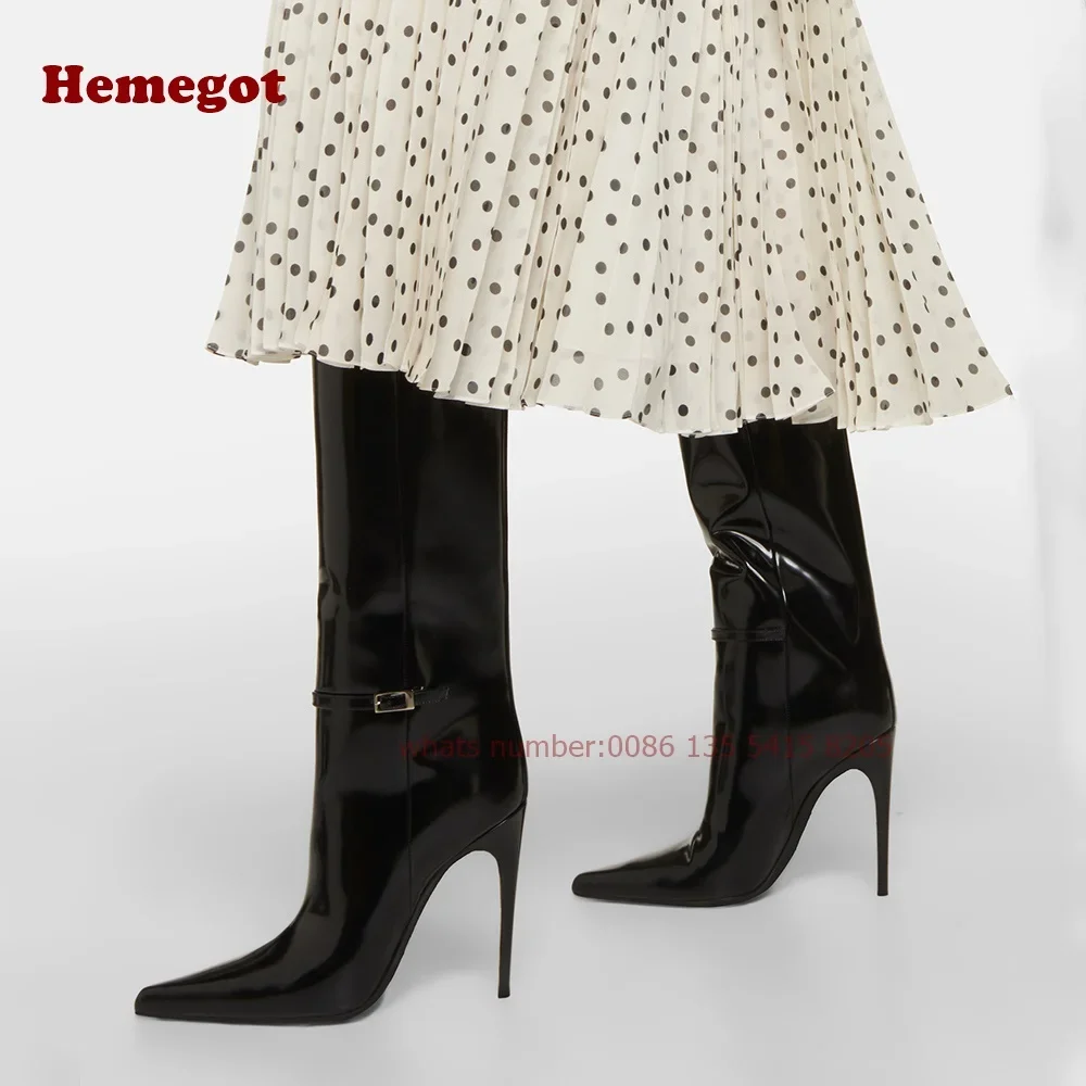 

Черные ботинки на шпильке с пряжкой с острым носком, глянцевые лакированные кожаные женские ботинки, Повседневная модельная обувь, большой размер 46, зима 2024